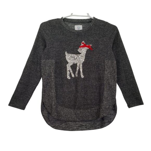 Girls' charcoal grey long-sleeved blouse with sequin deer detail, Size M(10/12) - Picture 6 of 10
